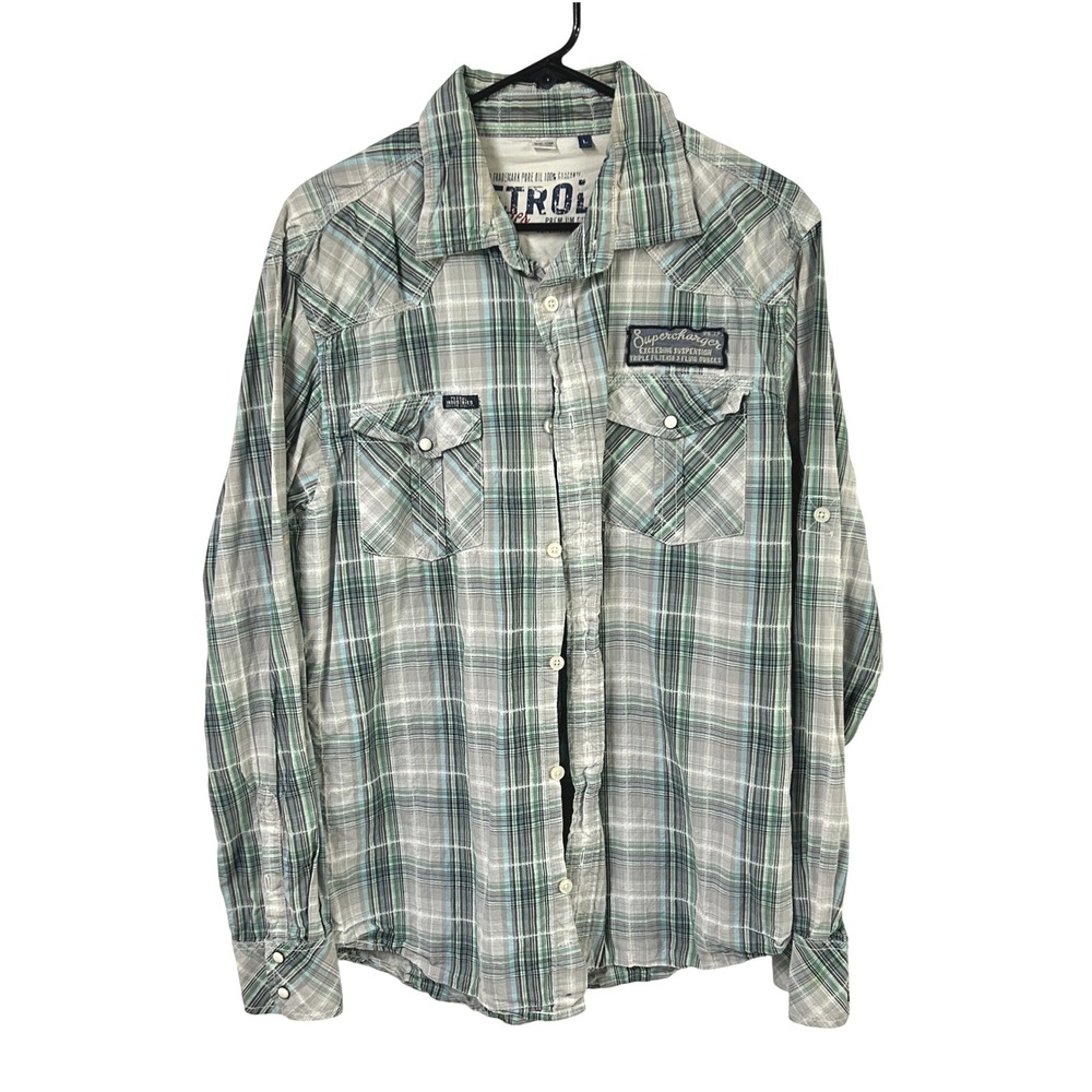 Plaid Western Button Up Shirt Embroidered Back Moto Graphic Cotton Men's L